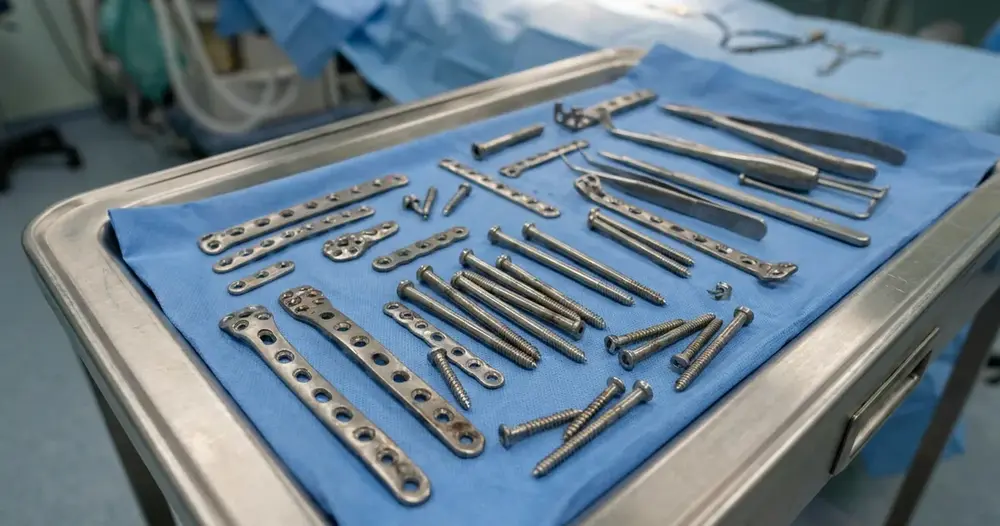 placas e parafusos ortopédicos sobre bandeja cirúrgica de aço inox